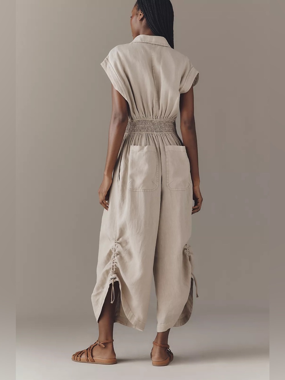 Anthropologie Beige Sleeveless Button-Front Wide-Leg Jumpsuit - Picture 3 of 10